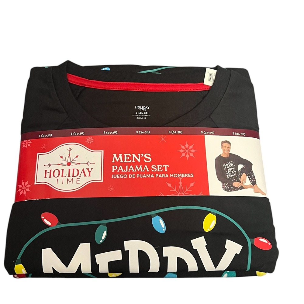 Holiday Time Mens Pajama Set Small 34-36 Black Merry and Bright Christmas Lights